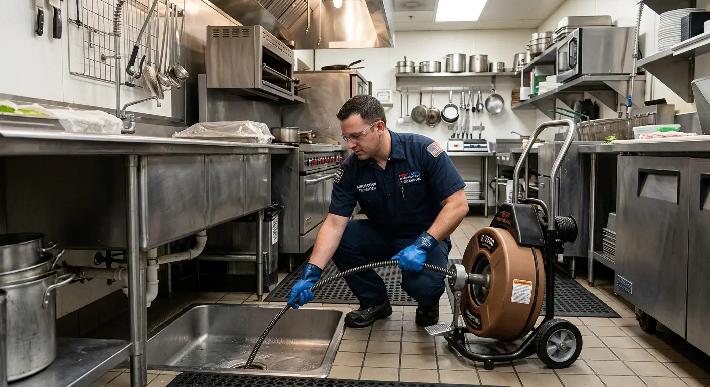 Commercial drain cleaning service in a restaurant kitchen in Temple
