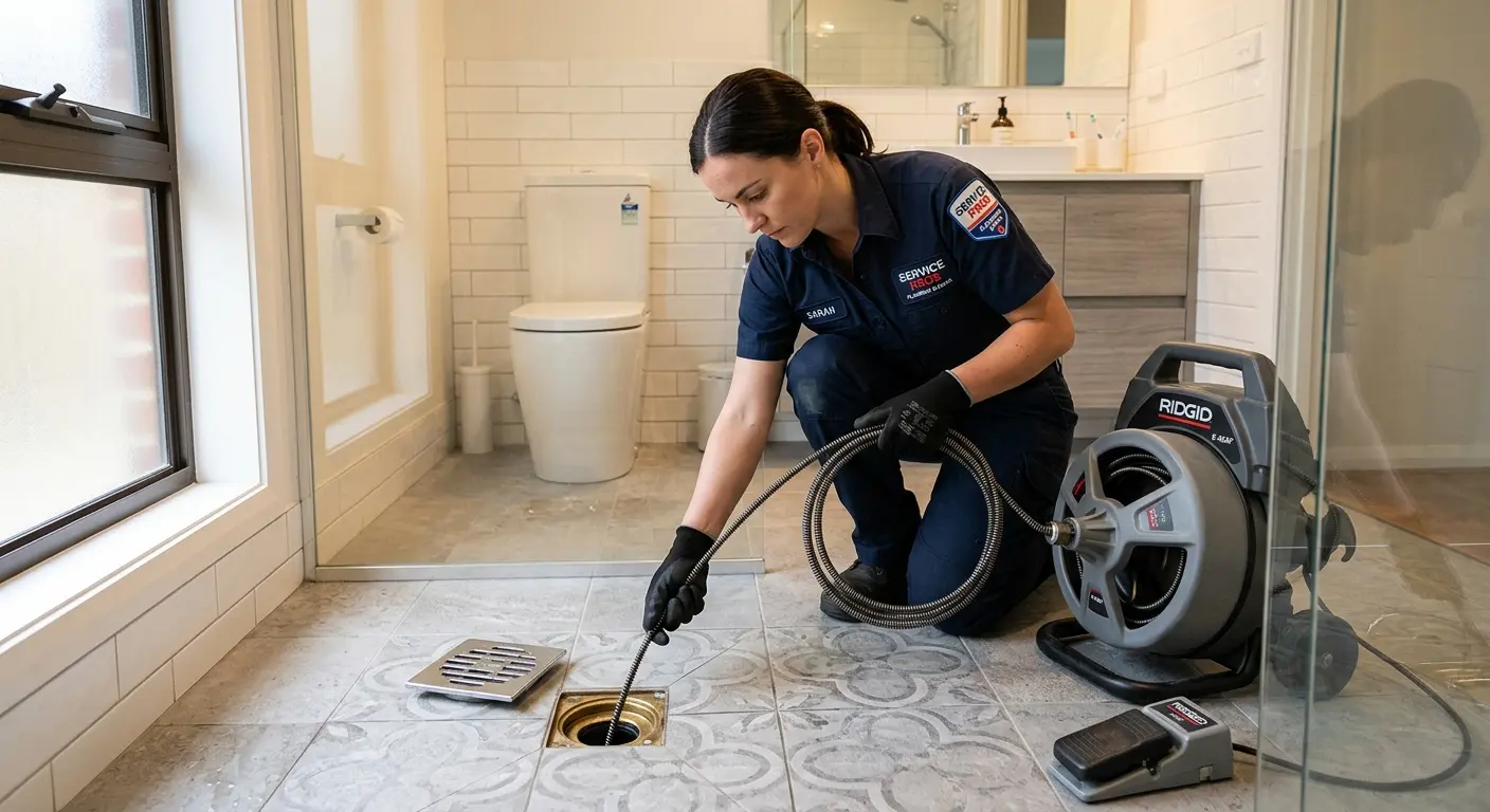 Technician clearing a bathroom floor drain for Sewer Line Replacement in Temple